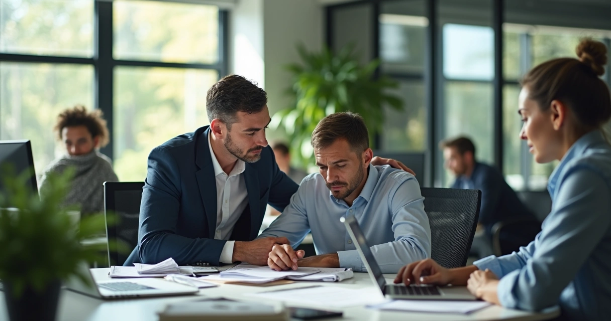 Gestor reunido com equipe em escritório moderno, apoiando colaborador com expressão cansada e preocupada 