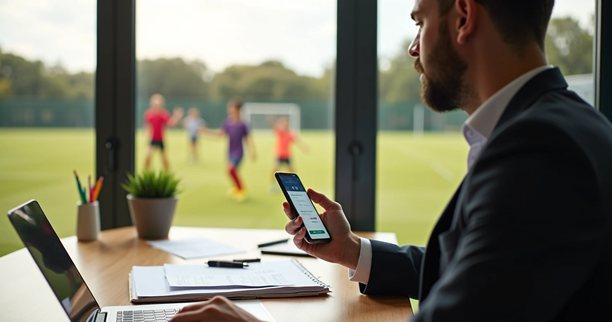 Gestor de escola de futebol usando aplicativo no celular em escritório 