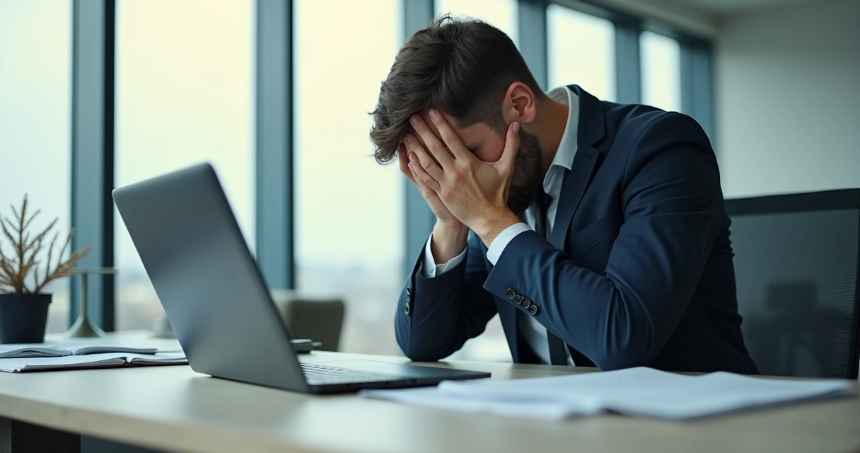 Gestor sentado à mesa olhando para baixo em ambiente de escritório moderno 