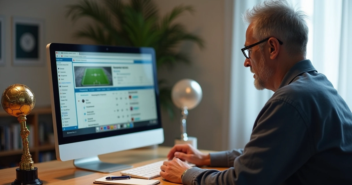 Gestor aprendendo a usar plataforma de gestão de futebol no computador 