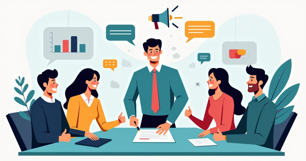 Gestor assinando contrato de comunicação com equipe próxima