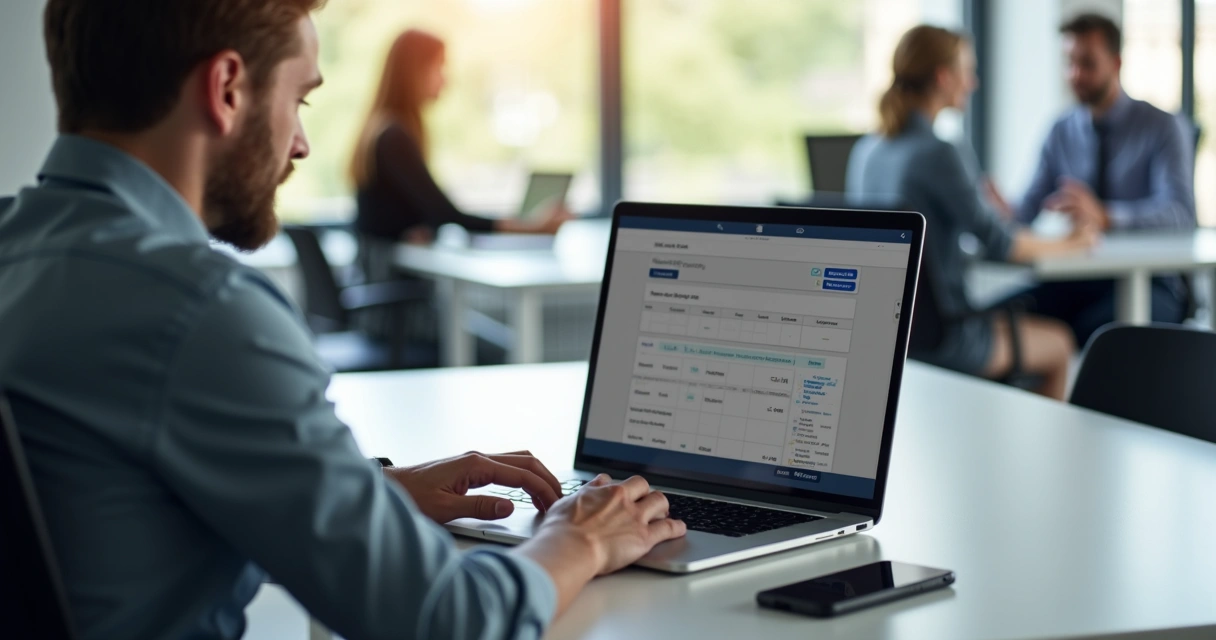 Gestor analisando registros de ponto digital em laptop 