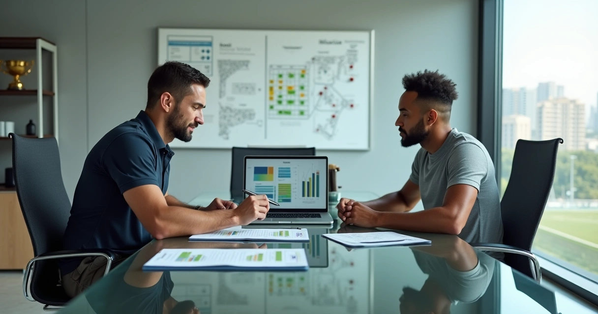 Gestor de assessoria esportiva em reunião com atleta e laptop com gráficos 