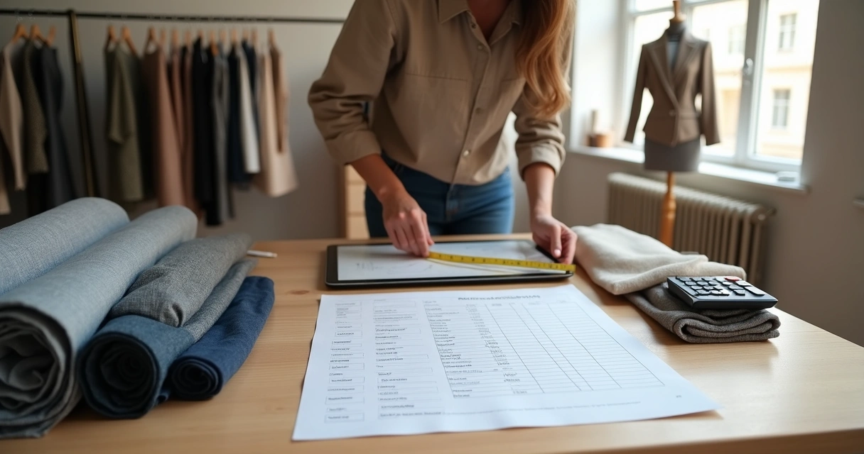 Gestor de atelier de costura organizando tecidos e fichas de custo em mesa ampla 