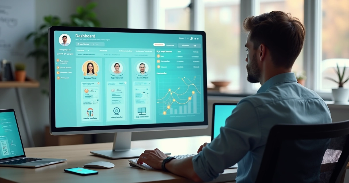 Gestor analisando painel digital com integrações e dados da empresa em vários dispositivos 