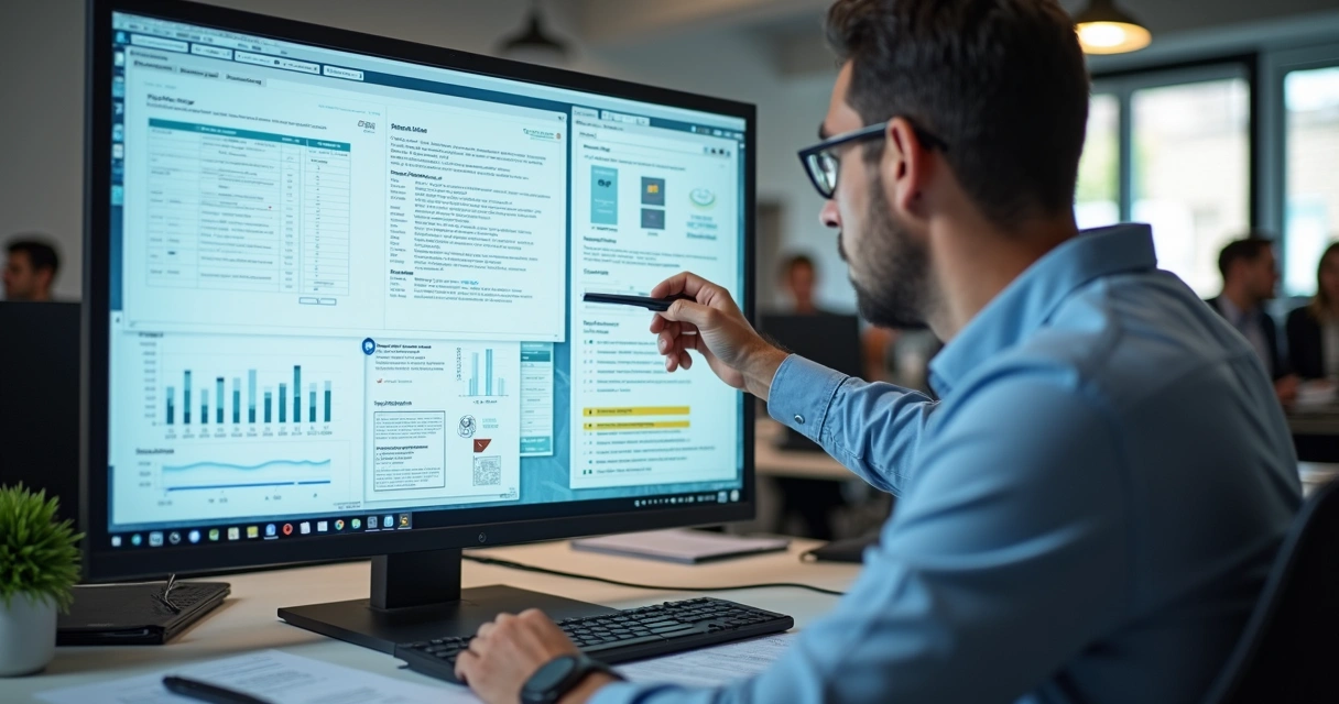Gestor analisando relatórios de auditoria de treinamentos na tela do computador 