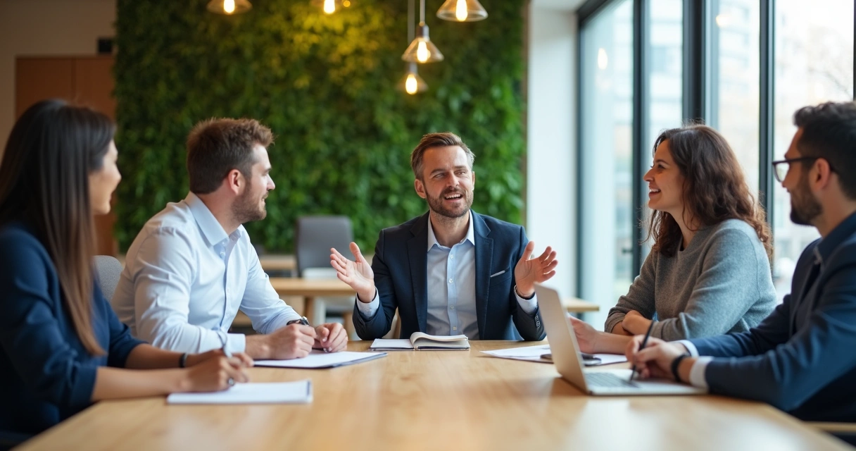 Gestor em reunião com equipe em círculo em ambiente corporativo moderno 