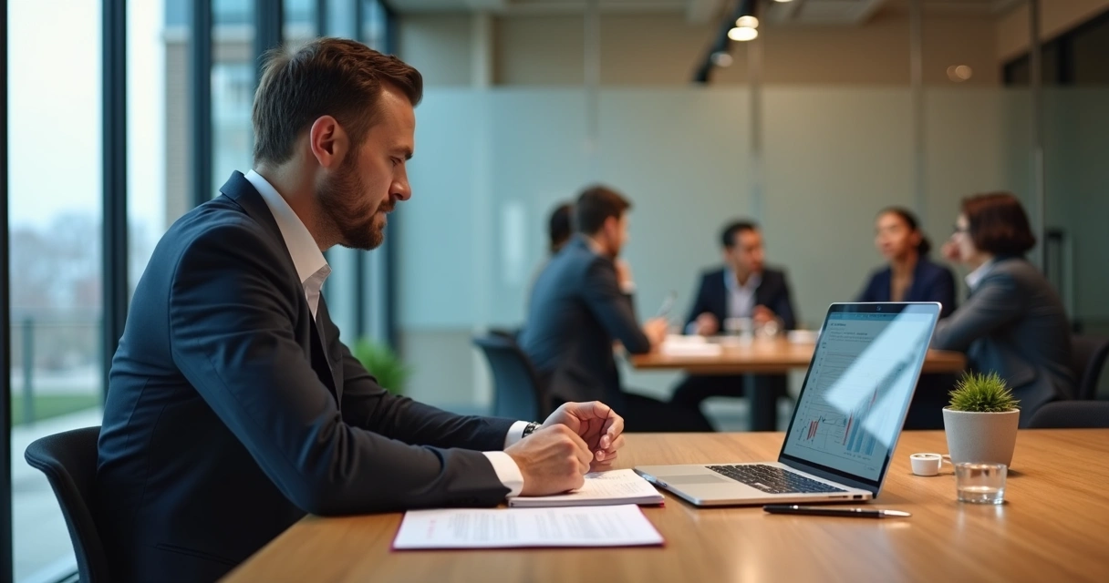 Gestor refletindo sobre decisões com equipe ao fundo em ambiente de escritório moderno 