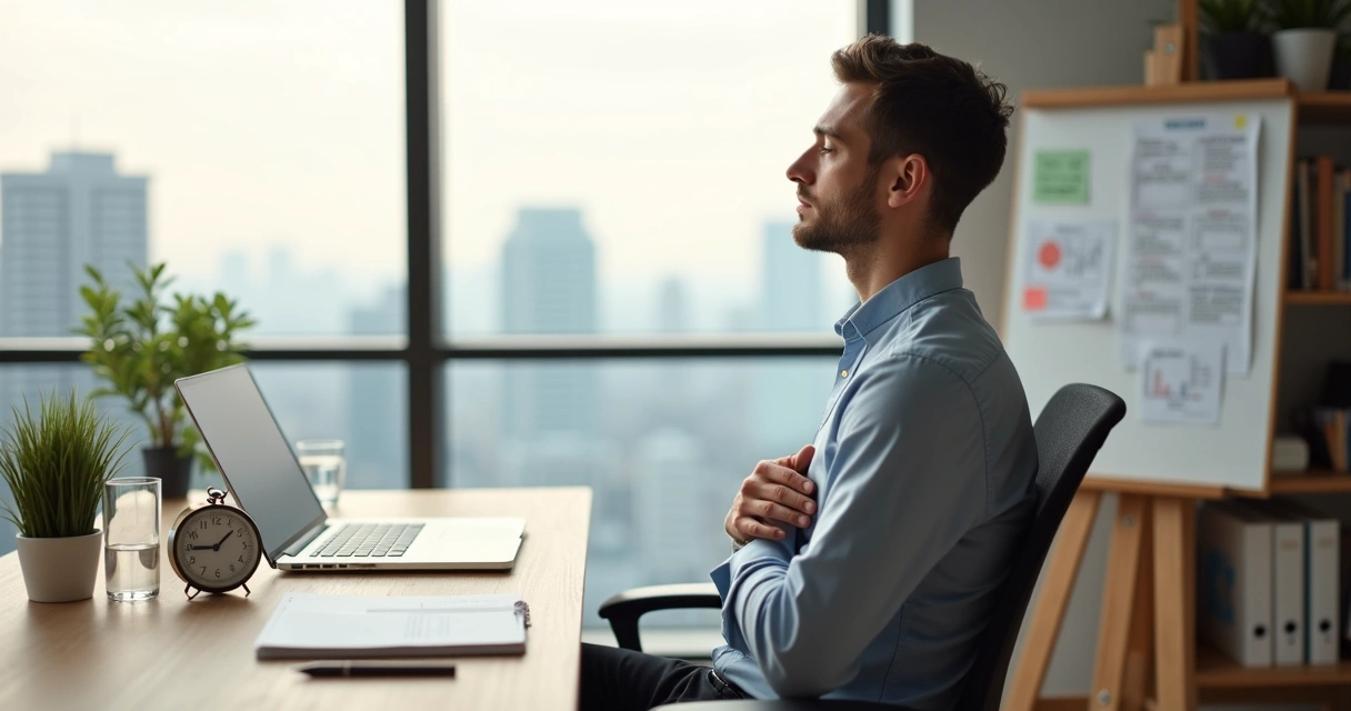 Gestor refletindo em silêncio em frente ao notebook em um escritório claro e organizado 