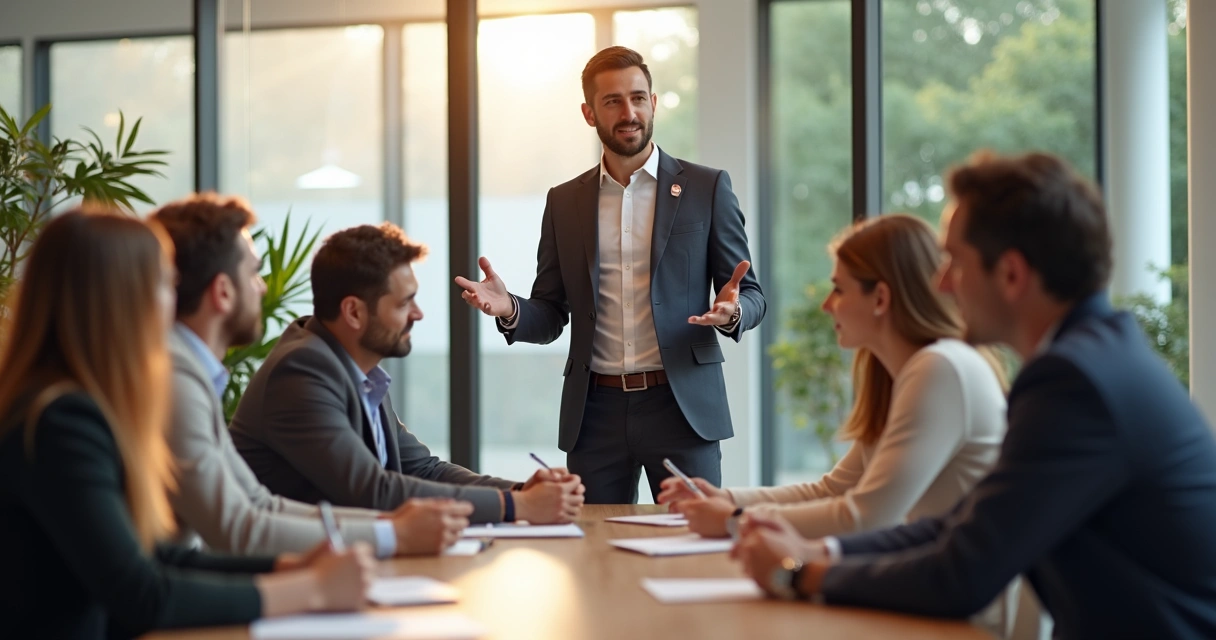 Gestor em pé guiando uma equipe em reunião, mostrando escuta atenta e clima positivo