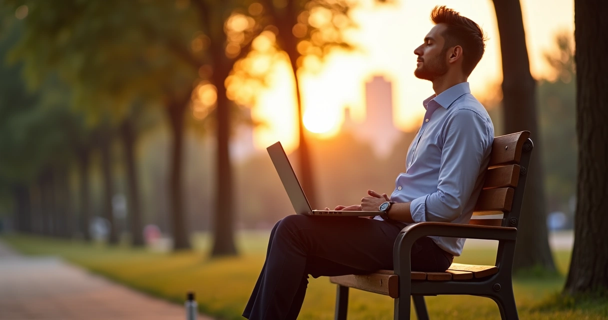 Gestor sentado em banco de parque urbano respirando em pausa consciente ao entardecer 