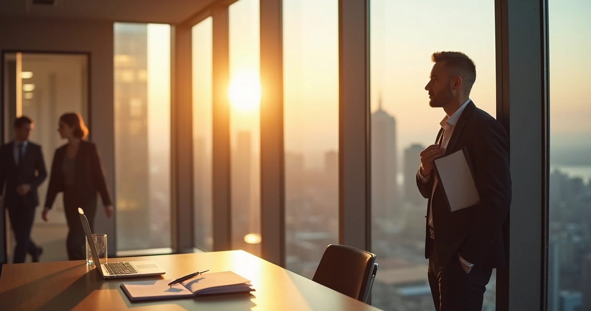 Gestor refletindo diante da janela de um escritório moderno ao amanhecer 