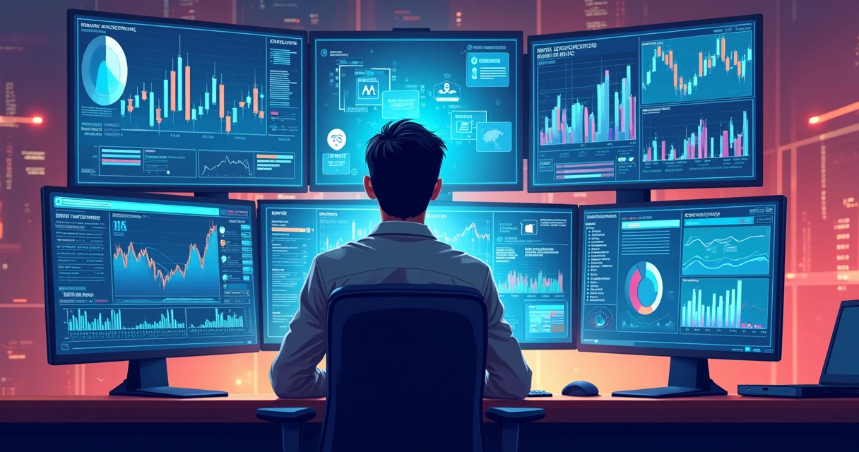 Profissional coordenando sistemas digitais diversos e gráficos 
