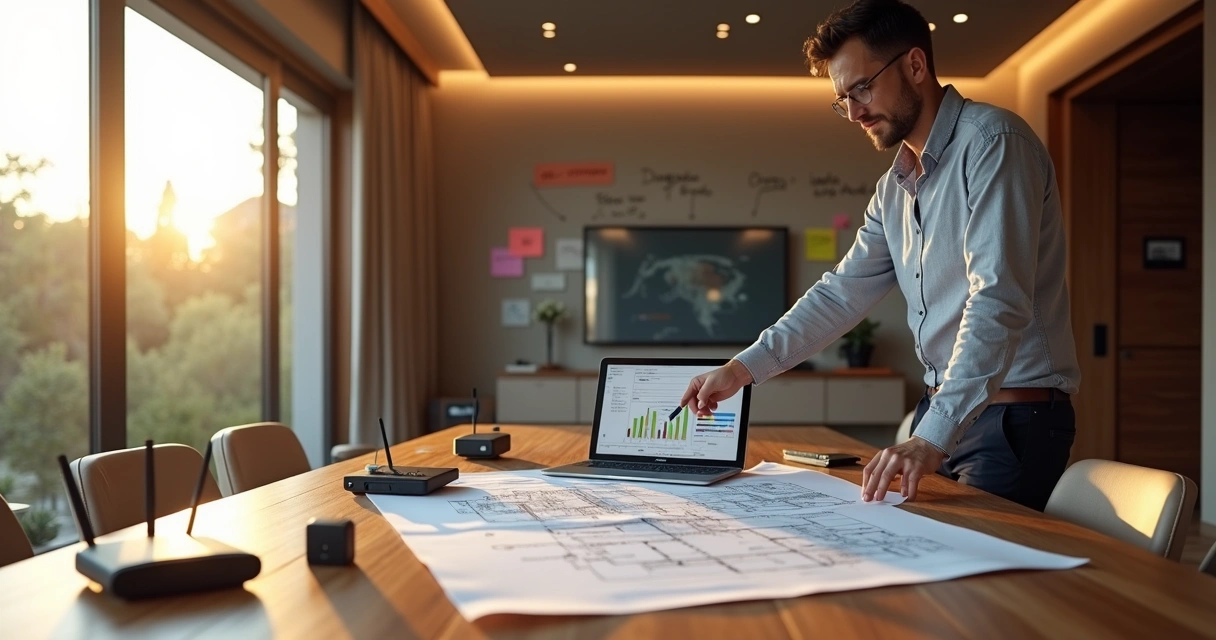 Gestor de empresa de automação residencial analisando projeto de smart home 