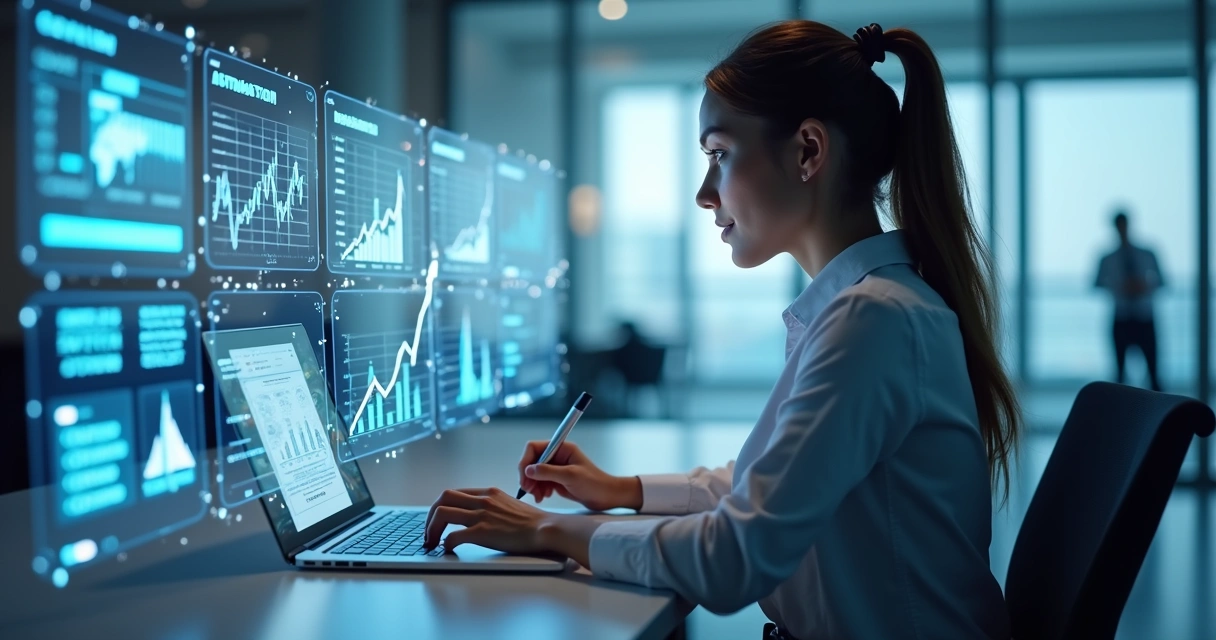 Pessoa trabalhando com computador e telas digitais mostrando automação e gráficos 