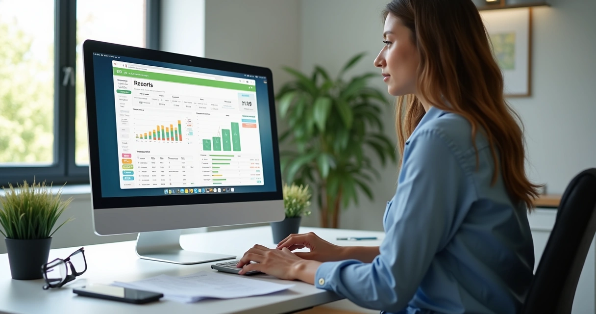 Gestor imobiliário usando sistema online para cobrança automática de aluguel com gráficos em tela de computador 