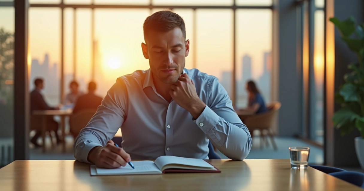 Gestor sentado em sala de reunião praticando autorregulação das emoções 