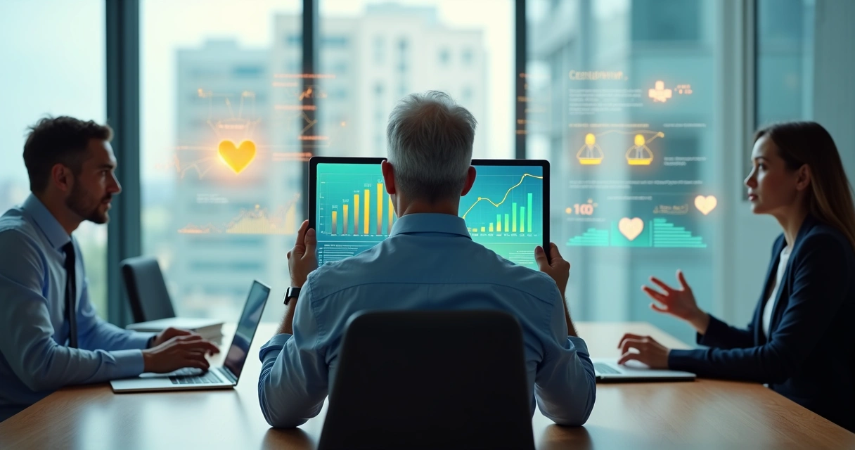 Gestor avaliando dois profissionais com equilíbrio entre desempenho e valores humanos 