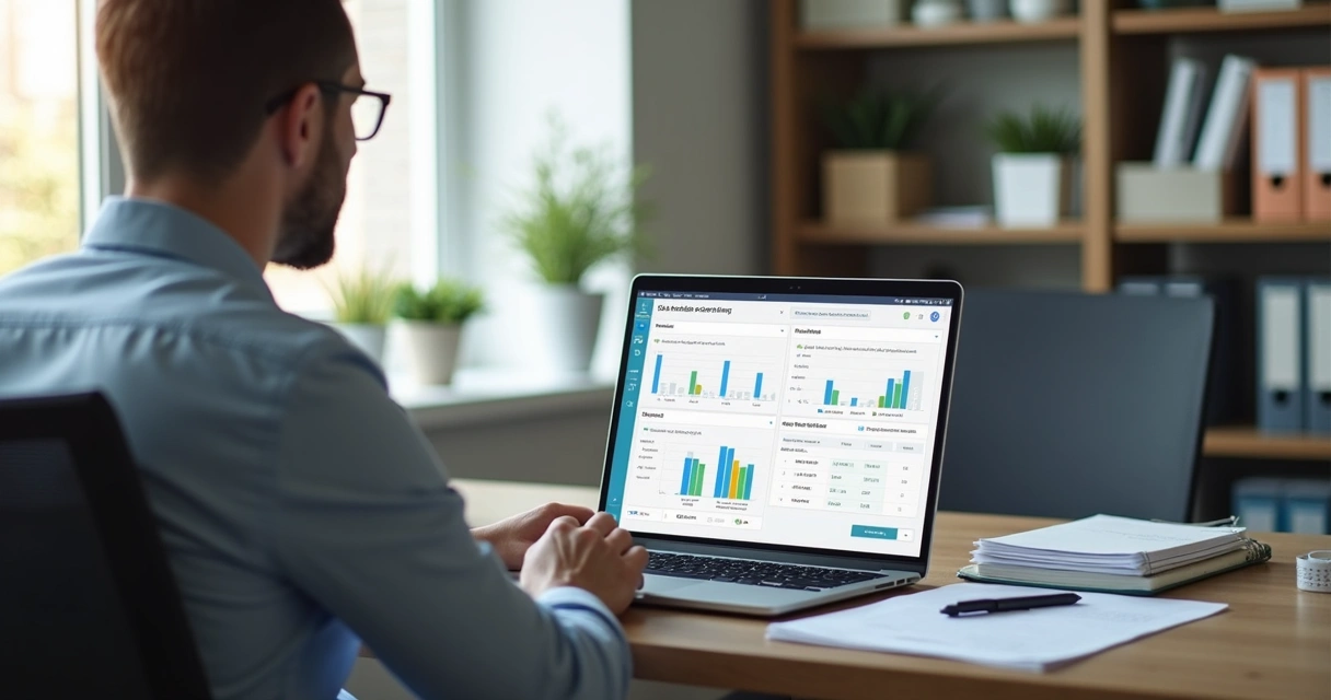 Gestor analisando painel de treinamento EAD em notebook