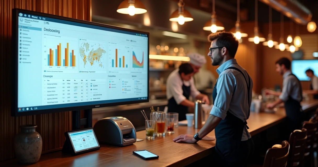 Gestor de bar e restaurante analisando painel digital com indicadores de gestão 