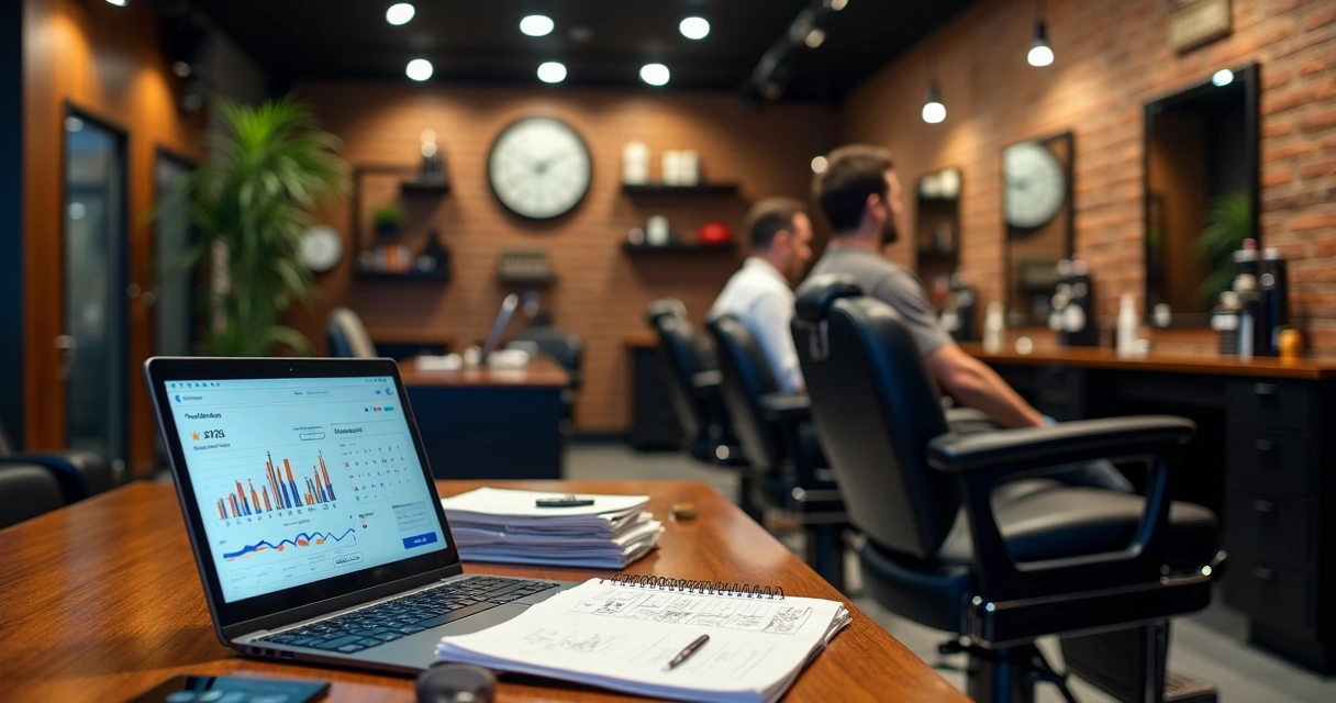Dono de barbearia revendo indicadores e agenda em mesa de trabalho ao lado das cadeiras de atendimento 