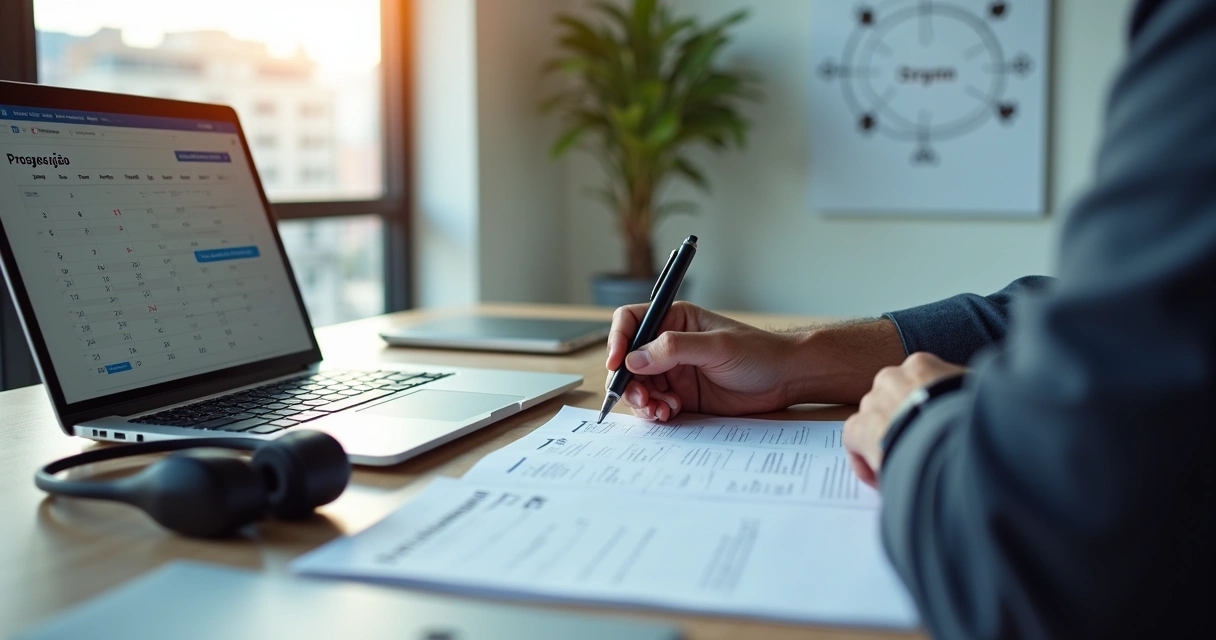 Gestor bloqueando rotina de prospecção no calendário com lista organizada na mesa 