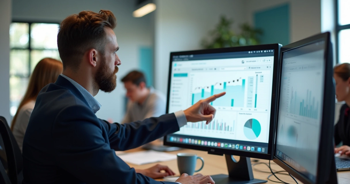 Gestor de BPO financeiro analisando relatório em tela de CRM 