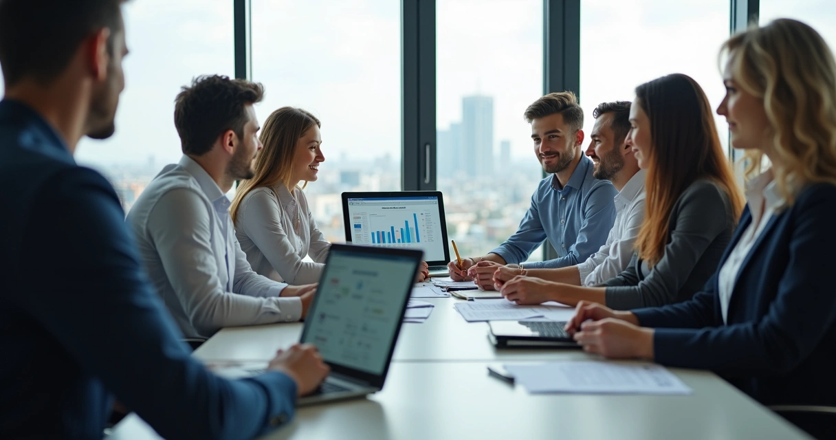 Gestor orientando equipe de BPO financeiro em sala moderna 