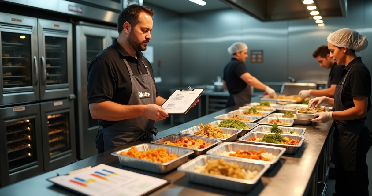 Gestor de buffet em cozinha industrial conferindo planilha de custos ao lado de bandejas prontas para evento 