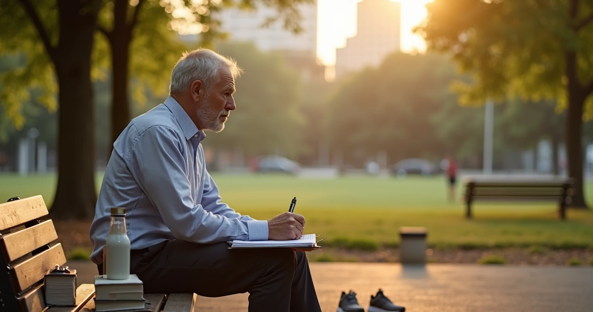 Gestor sentado em parque equilibrando pastas de trabalho e objetos pessoais em um banco 
