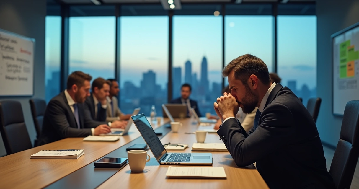 Gestor exausto em reunião observando equipe sobrecarregada 