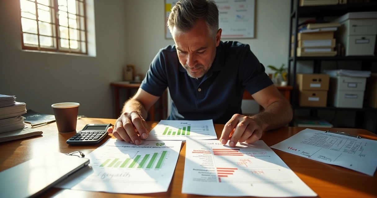 Dono de pequena empresa analisando fluxo de caixa em ambiente simples 