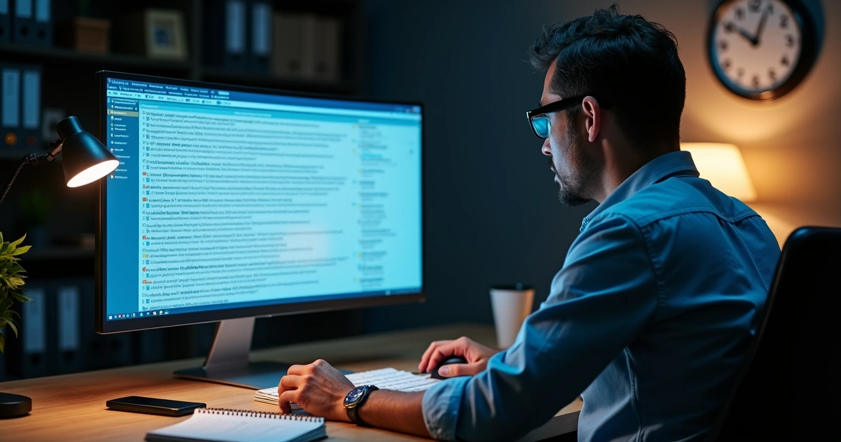 Gestor olha para tela com caixa de entrada cheia e um único email destacado 