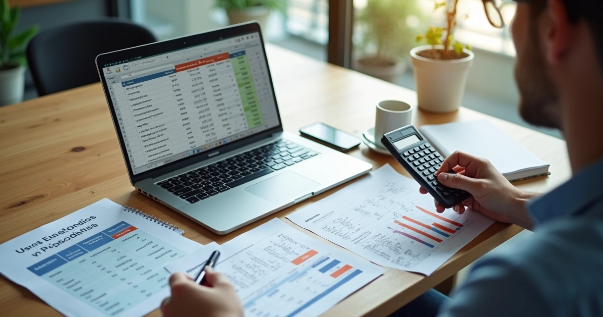 Gestor de PME calculando custo total de vendedor em planilha cheia de números 