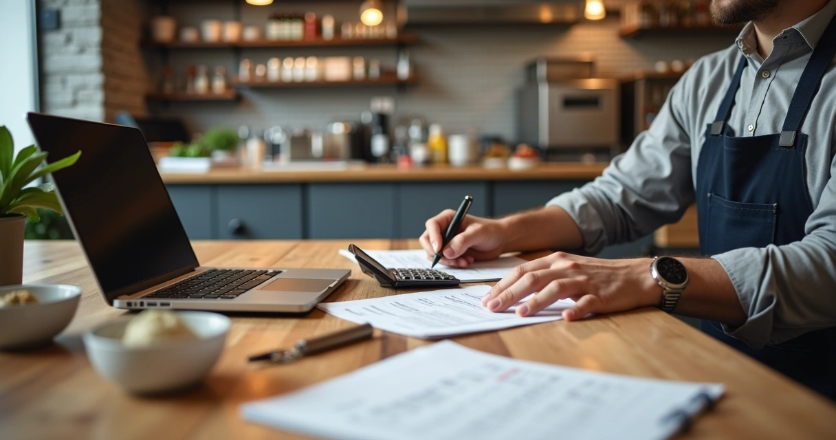 Gestor calculando custos em mesa com planilhas e alimentos 