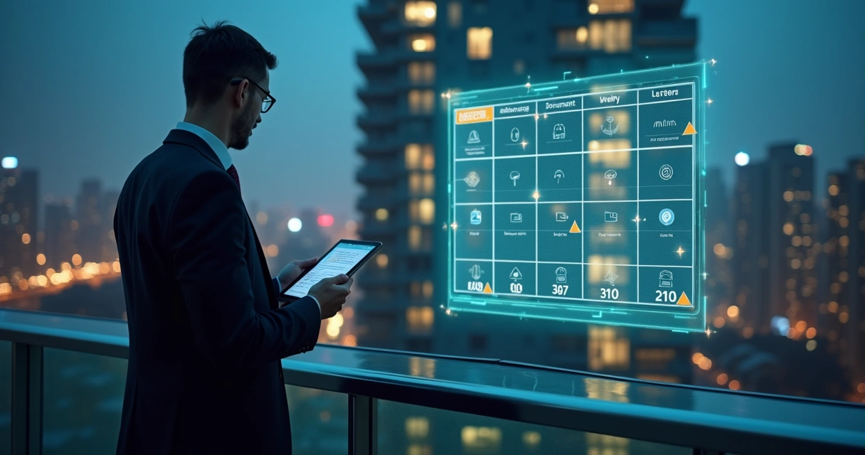 Gestor observa calendário digital flutuando em frente a prédio comercial 