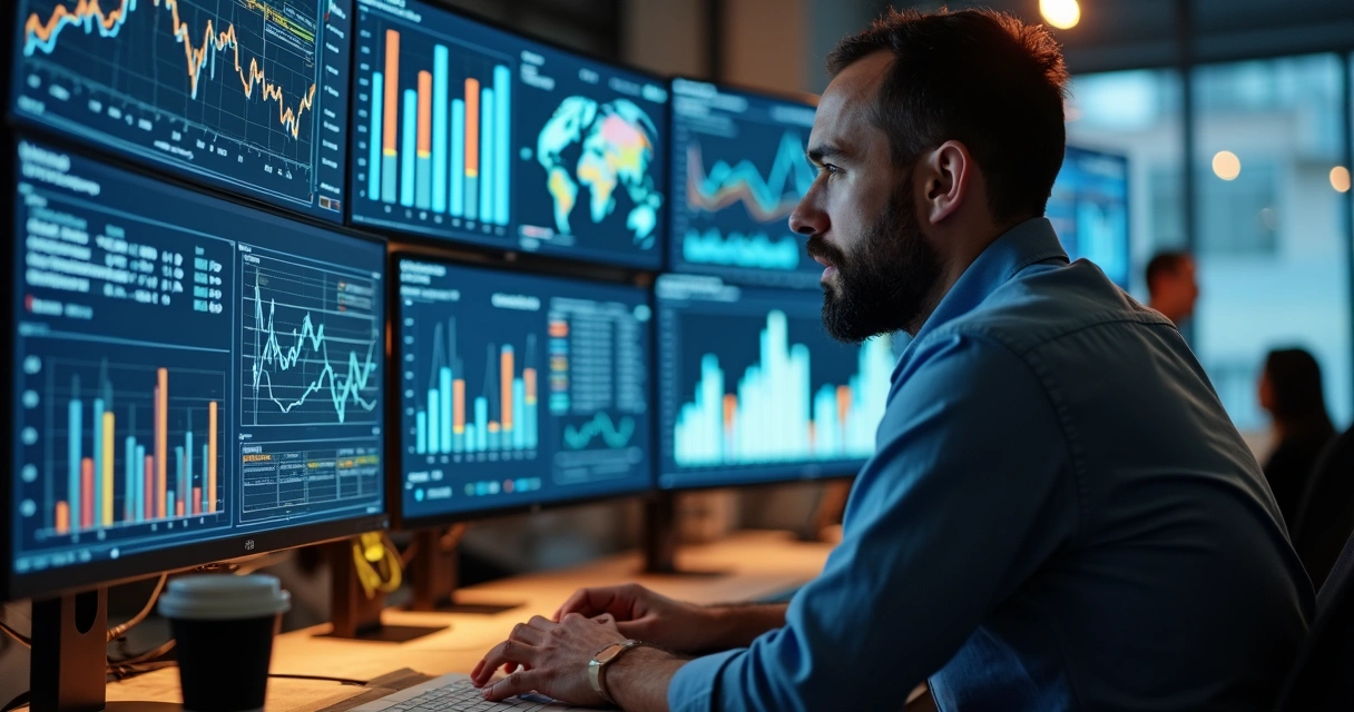 Especialista em campanha pagando analisando dados em monitores 