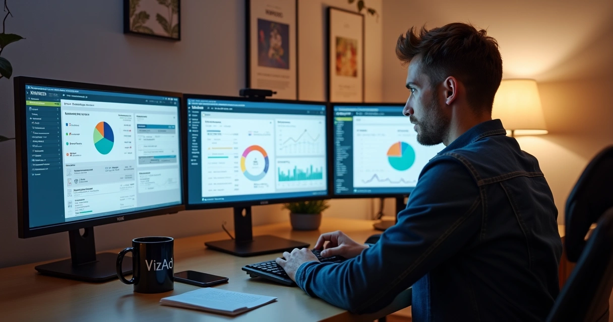 Pessoa analisando vários dashboards de anúncios em telas diferentes 