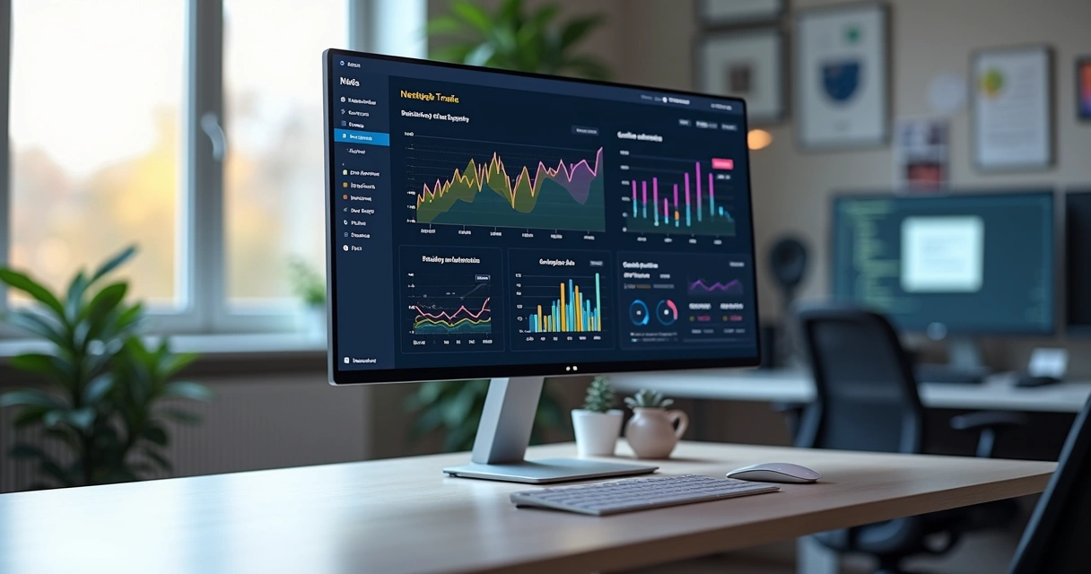 Painel inteligente exibindo gráficos de desempenho de campanhas de tráfego pago em ambiente de escritório 