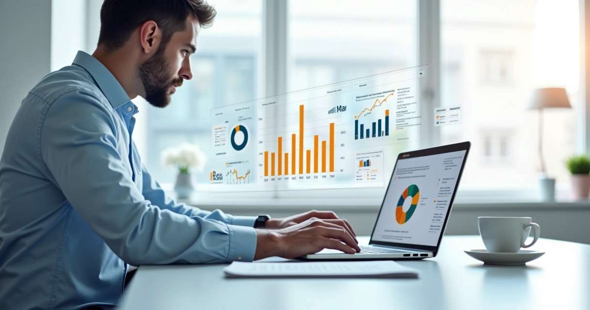 Gestor de canais analisando indicadores e IA em tela de notebook 