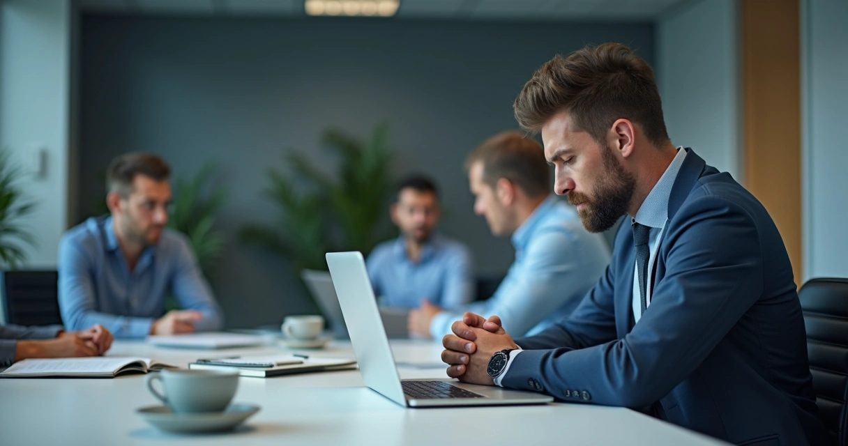 Gestor sentado em reunião com expressão tensa e equipe ao fundo