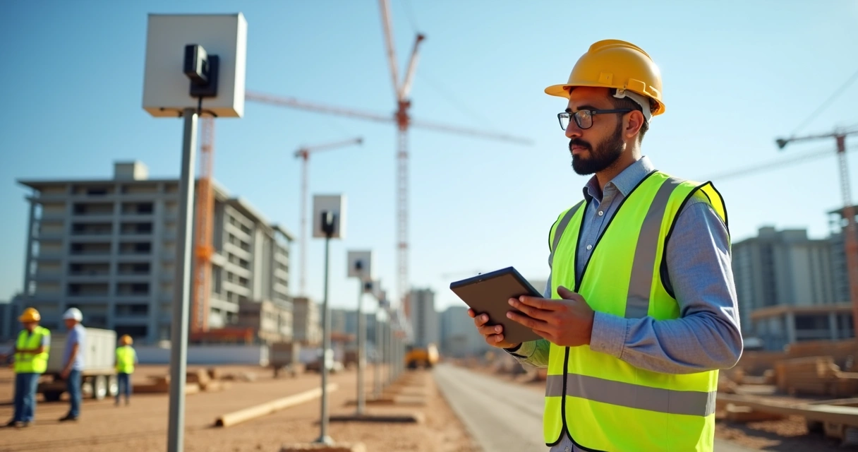 Gestor observando obra com tablet perto de câmeras time-lapse e trabalhadores