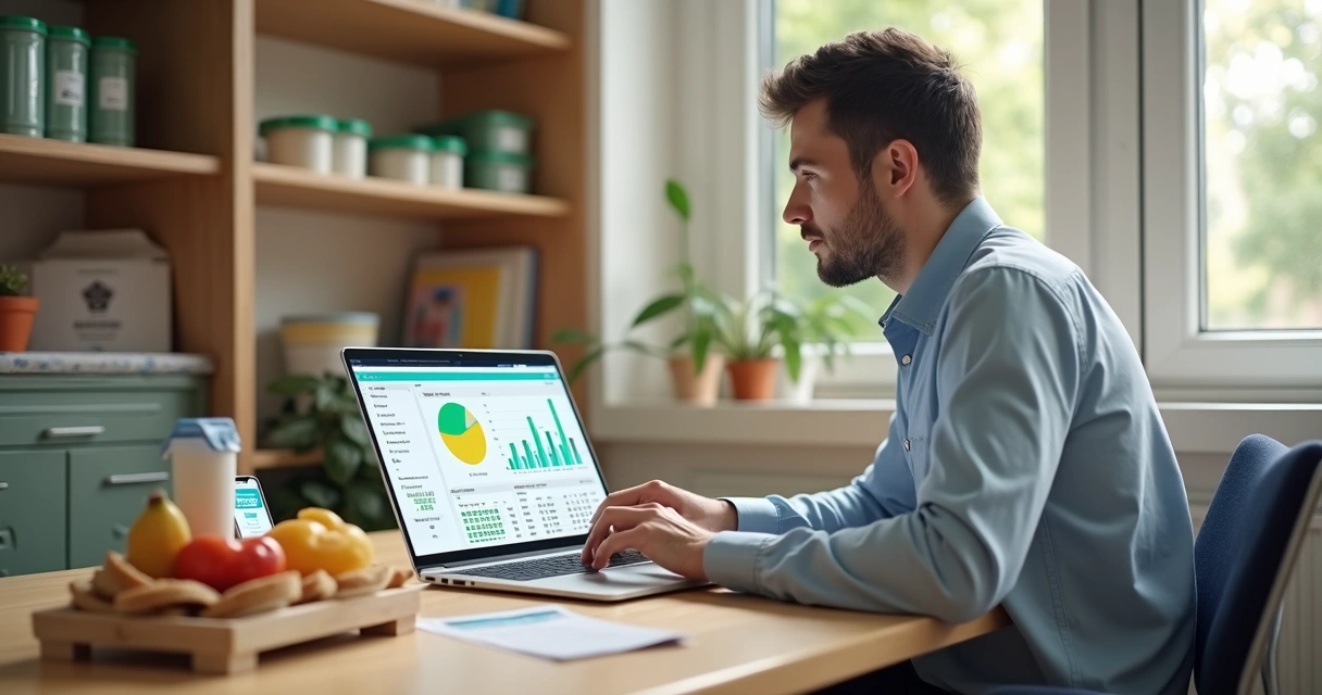 Gestor de cantina escolar analisando gráficos financeiros digitais em laptop ao lado de alimentos saudáveis 