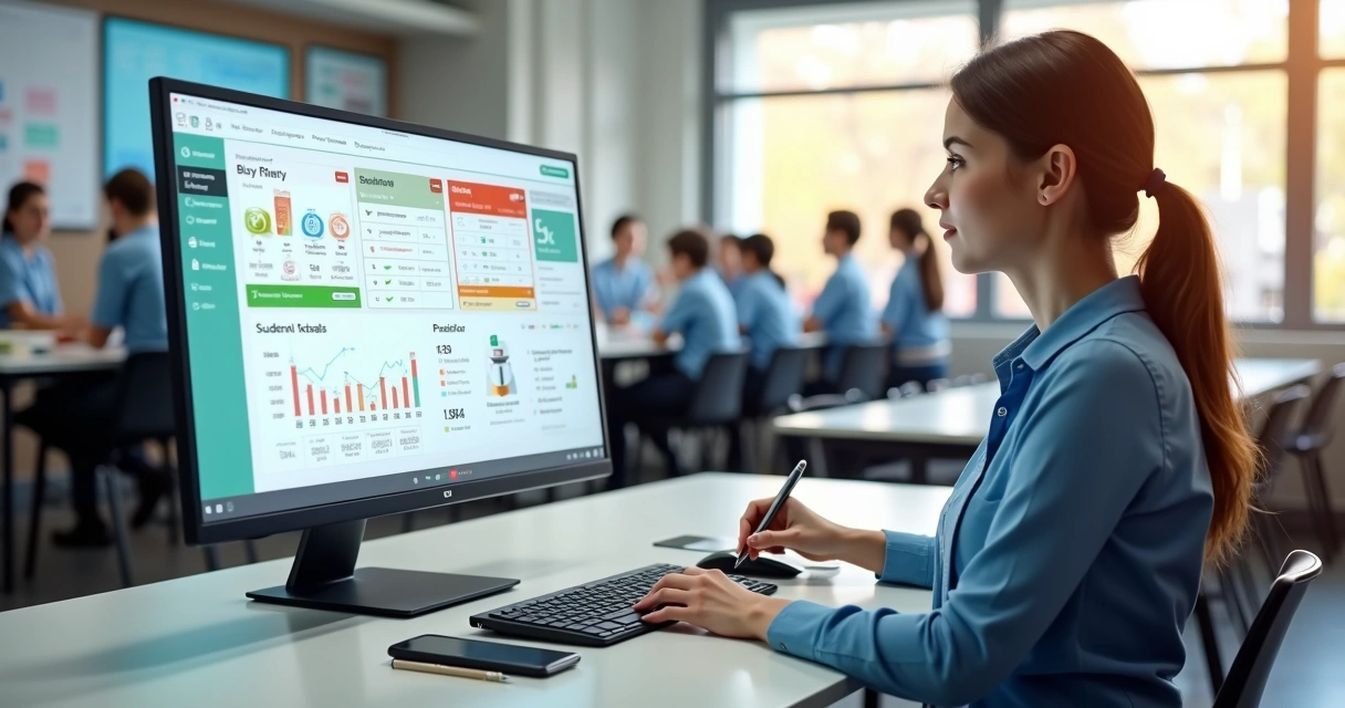 Gestor de cantina escolar analisando painel digital de gestão de refeições e pagamentos 