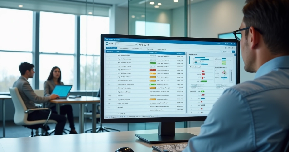 Gestor analisando painel centralizado de treinamentos corporativos 