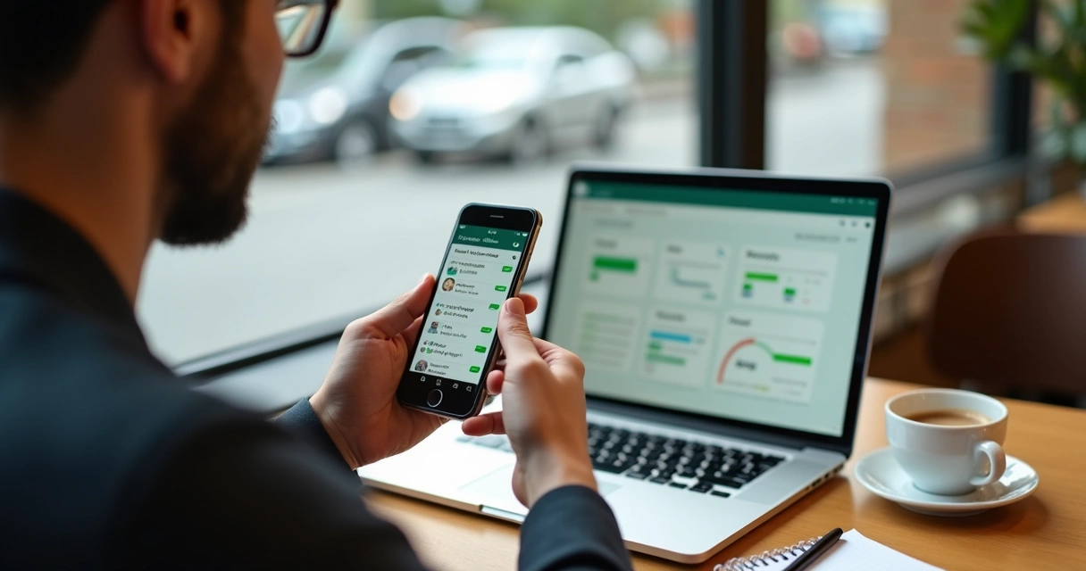 Gestor de PME atualiza metas de OKR pelo WhatsApp no celular enquanto vê painel simple no laptop 
