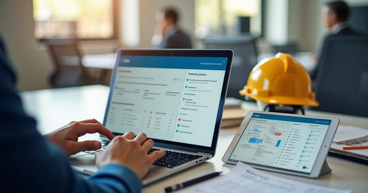 Gestor revisando checklist digital em notebook e tablet 