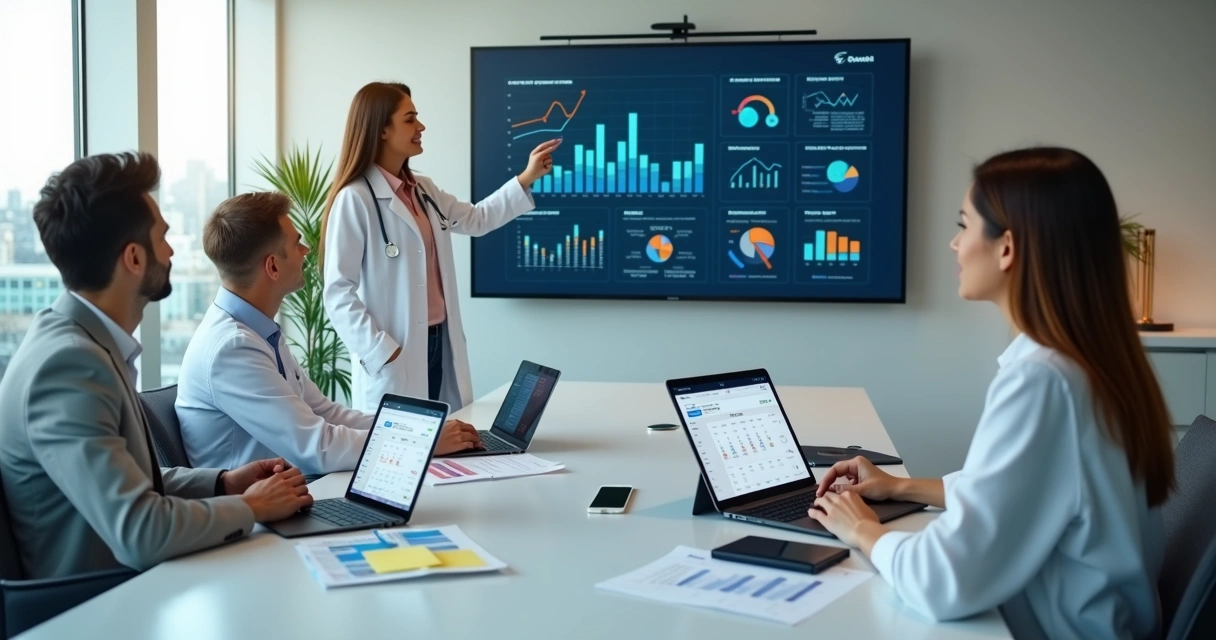 Gestor de clínica de saúde analisando estratégias de marketing em painel digital 