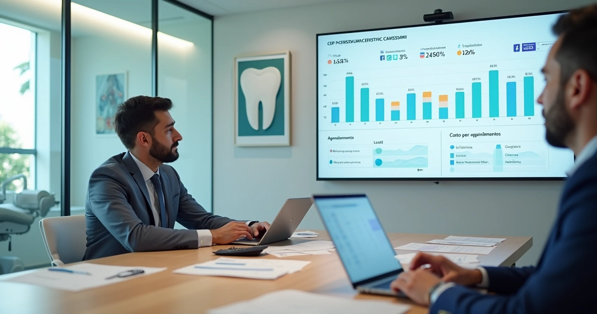 Gestor de clínica odontológica analisando custo por agendamento em painel digital 
