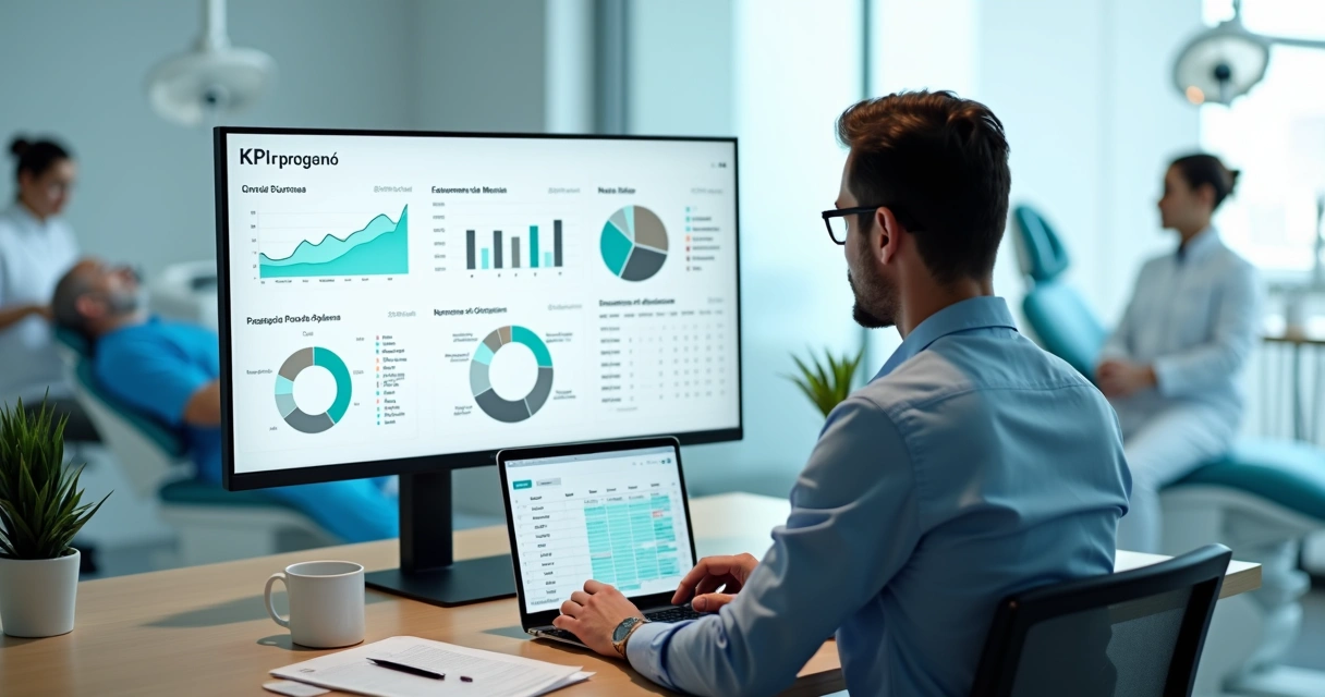 Gestor de clínica odontológica analisando indicadores em painel com gráficos 